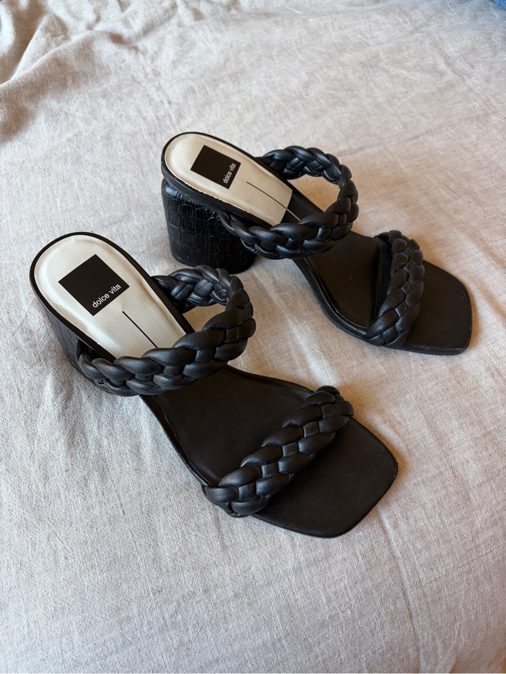 Black Braided Block-Heel Sandals